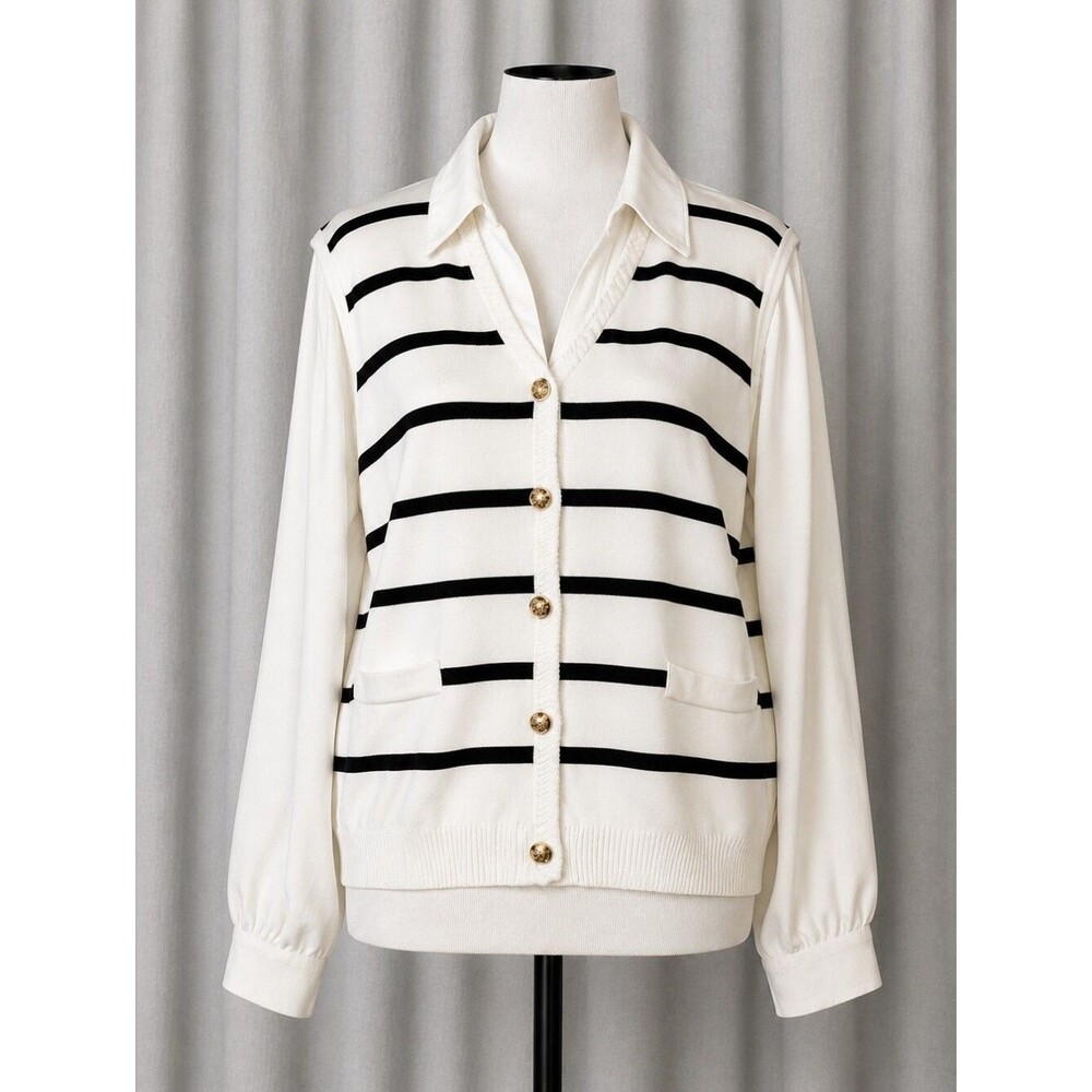 Adrianna Papell Layered Black White Breton Stripe Coastal Chic Sweater Blouse